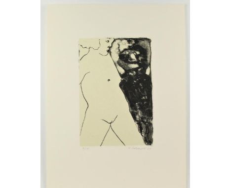 Unframed erotic lithograph of interracial nudes, numbered 9/15, signed and dated in pencil lower right: R. Colescott '89. Rob