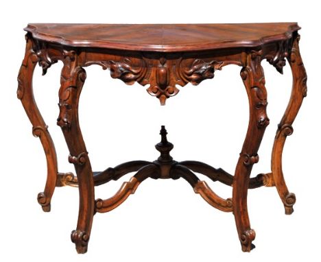 Beautiful walnut console table, hand made from Italy. Hand carved detailing on the center front, and the legs. Size: 47 x 21 