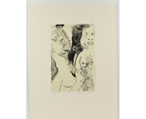 Unframed erotic lithograph of interracial nudes, numbered 9/15, signed and dated in pencil lower right: R. Colescott '89. Rob