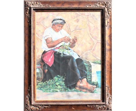 Large mixed media by Gladys Roldan-de-Moras, signed in the lower left. The image depicts and elderly woman sitting and plucki
