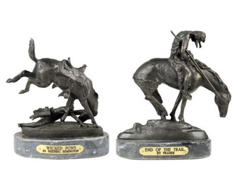 Bronze reproductions of "Wicked Pony" by Frederick Remington, and "End of the Trail" by Fraser. Both are substantially heavy 