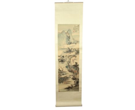This is a large Chinese scroll depicting a beautiful mountainous landscape with bridges. There is a Chinese poem on the upper