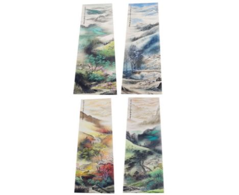 (4) Lovely Chinese vertical hanging scrolls by Liu Shiquan, of The Four Seasons: winter, spring, summer, fall landscapes. Wat