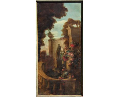 Classical Italian landscape panel on canvas, with architectural highlights. May have been inset into a wall at one time. Depi