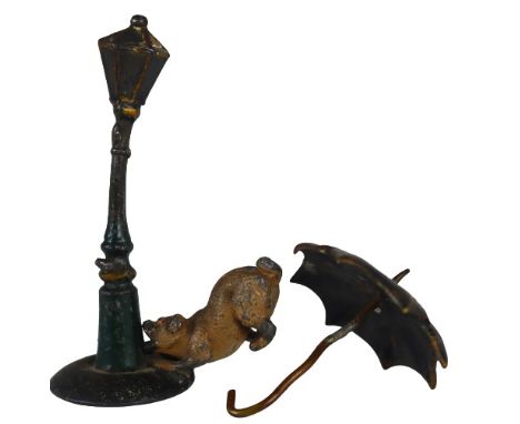 European 19th century cold painted bronze dog at a lamp post and an open umbrella. Umbrella measures 3 inches.