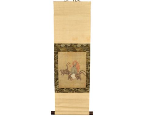 Chinese Scroll with two figures and two beasts. Size: 32 3/4 x 12 1/2 in. Please note that all sales are final. No refunds wi