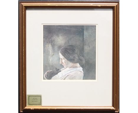 American print by Andrew Wyeth, label in the lower left. It is titled Miss Olson, and is a side portrait of an elderly woman 