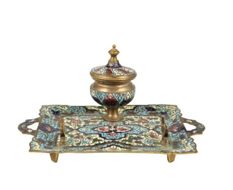 French Champleve Gilded inkwell mounted on bronze shaped handled tray with hinged lid, miniature footed design. Size: 7 1/4 x