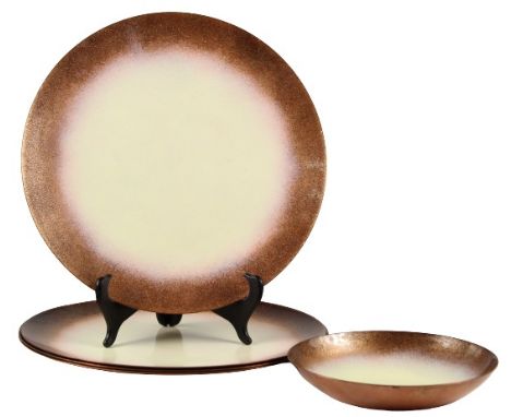 4 pc Enameled Copper Tableware. Includes: (3) 11 in. plates and (1) 7 in. bowl. All signed. Wong's ceramics have also been pl