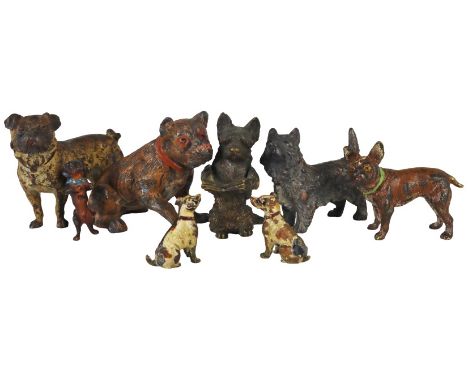 Collection of European 19th century bronze dogs, most of them cold painted, the two terriers are unpainted. Because cats and 