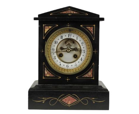 Gorgeous French black marble mantel clock, circa 1880. Works stamped 'J Marti'. Temple form with gabled crest, front inset wi