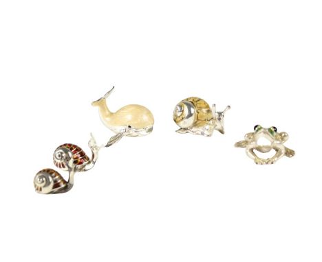 Charming 20th Century collection of five sterling and enamel miniatures, consisting of: one whale, one frog, and three snails