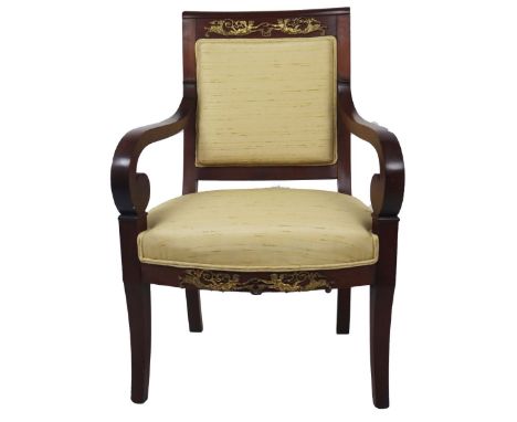 Empire style arm chair with gilt bronze mounts. Cream upholstry. Condition good. Measurements: 23 1/2 x 19 3/4 x 36 in. Pleas