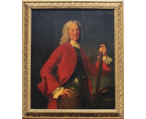 Large 18th C Portrait of Sea Captain, oil on canvas. Beautiful antique gilt carved frame. Sea Captain wearing a red coat, sta