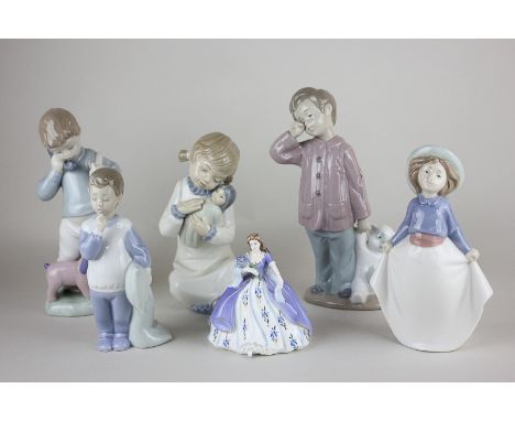 Five Nao porcelain figures of children, including two boys with teddy bears and a girl with a doll, together with a Coalport 