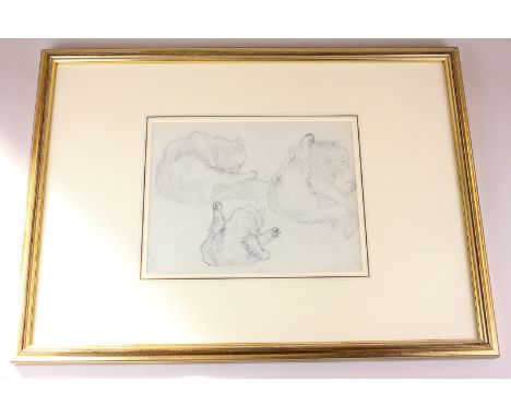 Louis Wain (1860-1939), three studies of a cat preening itself, with small dog asleep on reverse, both pencil, Chris Beetles 