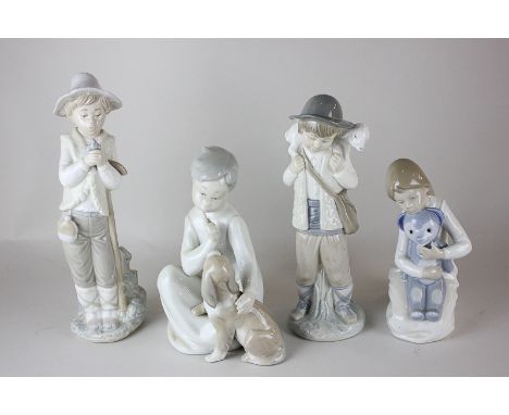 A Lladro figure of a girl with dog, together with three Nao figures including a boy with lamb, boy with bird and girl with te