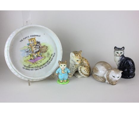 A Beswick Beatrix Potter figure of Tom Kitten, another of a seated cat, two other cat figures, made in the USSR, and a child'