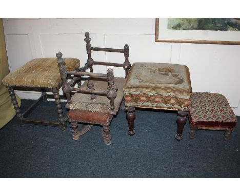 A Victorian tapestry seated stool with baluster legs and four other stools in various states of repair (NC)