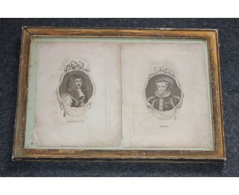 A 19th century portrait engraving of Ben Jonson, a book plate with portraits of Charles II and Mary, another of Robert, Earl 