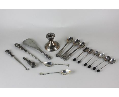 A set of six silver Mappin & Webb bean handled coffee spoons, three silver egg spoons (marks worn), together with a silver dw