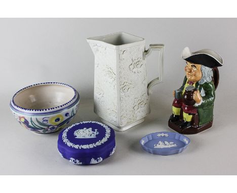 A Montana cream ware rectangular jug, a Poole Pottery bowl, a musical character jug, a dark blue Wedgwood Jasper ware dressin