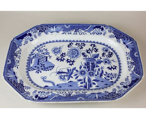 A Spode stone china Chinese style rectangular serving platter with blue and white landscape design, 37cm long