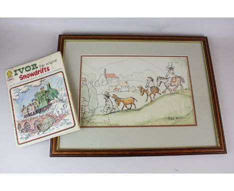 Peter Firmin (b 1928), original illustration of three characters with a horse and two donkeys in a hilly landscape, ink and w