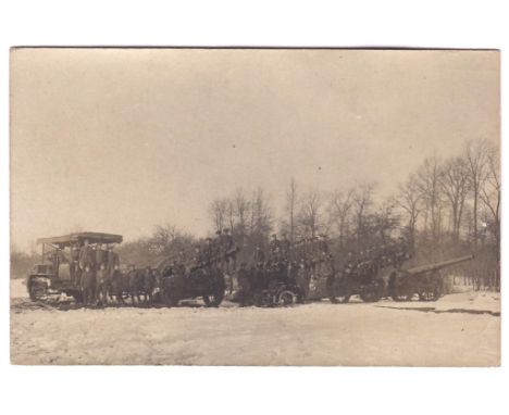 Royal Artillery WWI Fine RP of the Units four heavy artillery with full gun crews, bicycles and traction engine in the snow.