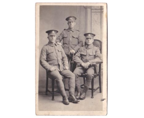 Rifle Brigade WWI - RP Three NCO's posed, m/s 16/9/15 - Presented to 1063 Rifleman G. Jeffries, 4th Rifle Brigade, Sheerness