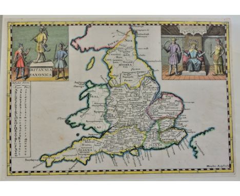 Antique Maps - England, Hermannides,1661 Map and Cartouches 'Britannia Saxonica' from Britannia Magna(Amsterdam) engraved by 