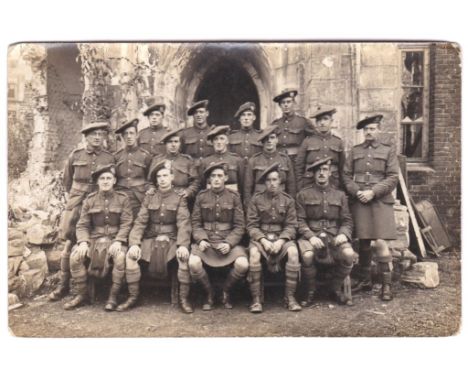 Seaforth Highlanders WWI - Proud group RP card outside a bombed church m/s greeting 20th Nov 1918
