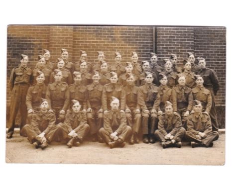 Leicestershire Regiment WWII RP Group Photo m/s, 'The mad sixteen - thoughts even at home' fine card