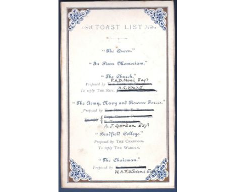 Bradfield College - 1895  'Toast List' - printed and handwritten "The Army, Navy and Reserve Forces' etc.