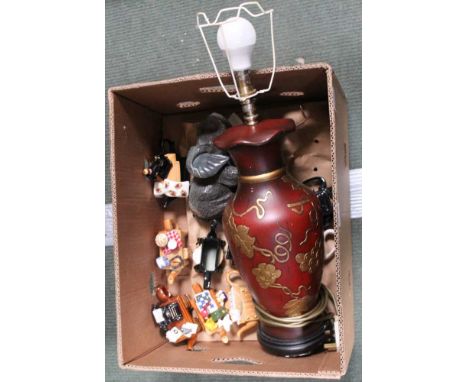 A BOX CONTAINING A SELECTION OF MINIATURE CARDEW DESIGN NOVELTY TEAPOTS, together with an Oriental table lamp, carved elephan