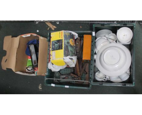 A SHELF FULL OF DOMESTIC ITEMS, to include; white glazed table ware, DIY tools, and accessories, some in original packaging 