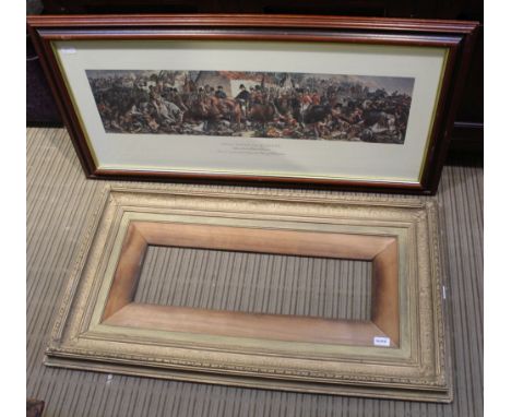 A REPRODUCTION COLOURED PRINT DEPICTING WELLINGTON &amp; BLUSHER together with a late 19th / early 20th century fancy gilt fr
