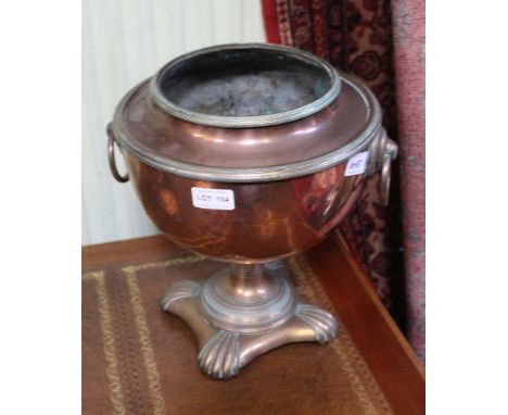 A PROBABLE 19TH CENTURY COPPER &amp; BRASS RING HANDLED PEDESTAL JARDINIERE (recently been used as a planter) 