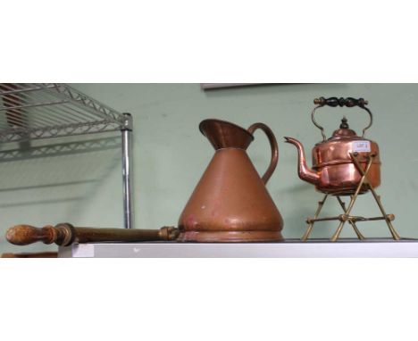 A COPPER KETTLE on brass burner stand 