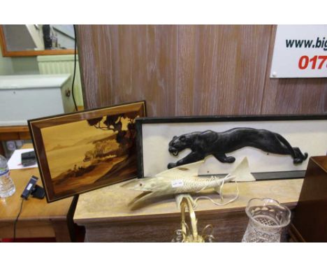 A SERRENTO WARE PLAQUE, A 3D PANTHER AND A CARVED HORN LAMP in the form of a fish 