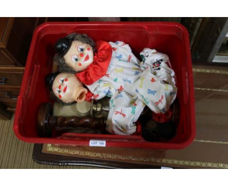 A CRATE CONTAINING A PAIR OF BARLEY TWIST CANDLE STICKS, CERAMIC FOOT WARMERS etc. 