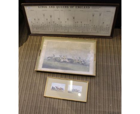 A PRINT DEPICTING THE REIGNS OF KINGS &amp; QUEENS OF ENGLAND, together with a twin handled tray, and a horse racing print 
