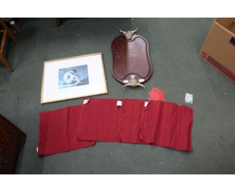 A BULL HEAD HANDLED CARVING BOARD together with some Laura Ashley place mats, and a decorative print 