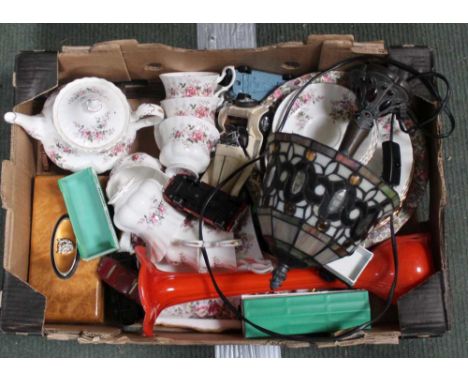 A BOX CONTAINING A ROSE DECORATED PART TEA SERVICE, Tiffany style lamp, model vehicles, etc. 