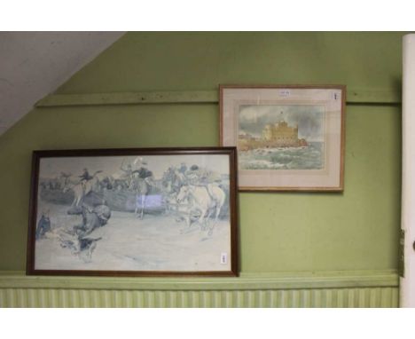 A HUNTING PRINT together with a watercolour study of Fort Alexandria by Robin Reckitt 