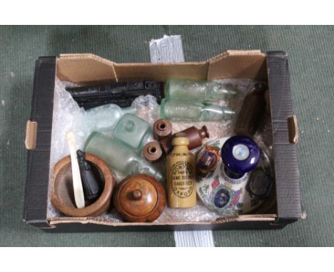 A BOX CONTAINING A PUSSER'S CERAMIC RUM DECANTER, together with vintage lemonade &amp; ink bottles, carved coal steam engine,