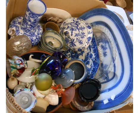 A box containing assorted ceramic items including blue and white, etc.