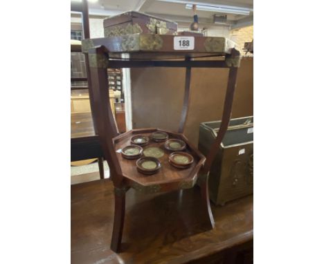 A vintage Chinese brass bound and inset rosewood tray top two tier table - sold with similarly decorated coasters, two boxes,