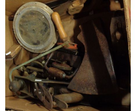 A box containing a quantity of assorted woodworking and other tools including Stanley Bailey plane, old axe heads, saws, etc.