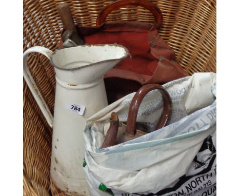 A bag containing assorted tools including old herb chopper, hammers, etc. - sold with an enamel water jug, kettle, etc.